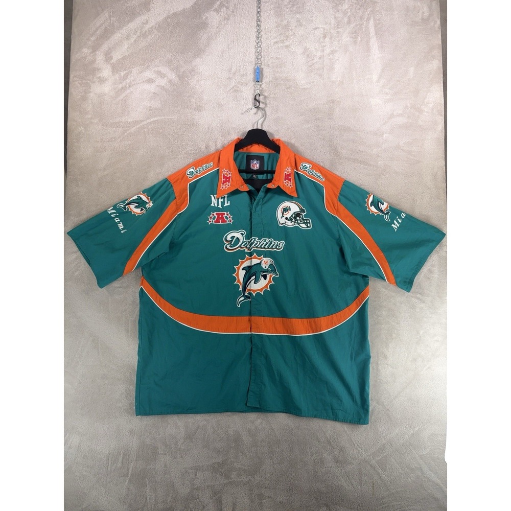 NFL Miami Dolphins Button Down Shirt Mens 3XL Aqua Orange All Over Graphic Retro